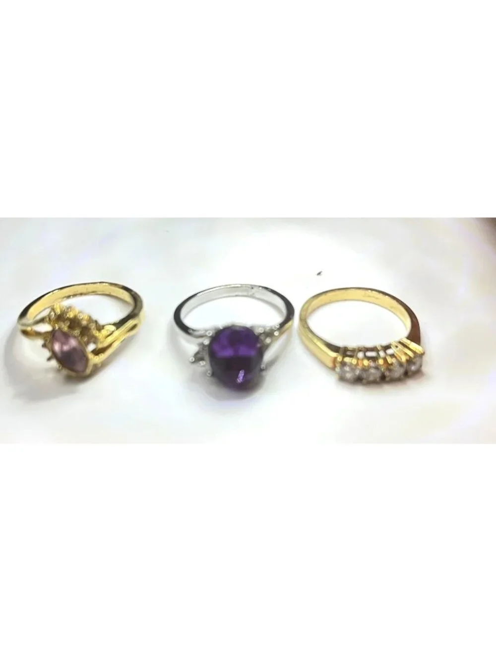 Vintage 80s Gold-Tone Costume Ring Trio Emerald Green Ruby Red Clear Solitaire 6